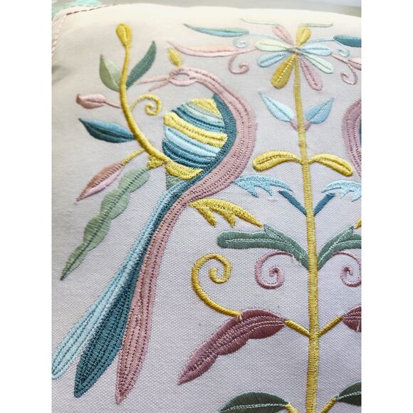 THROW PILLOW-COASTAL HOME-Embroidery-Birds-Folk Design-Tassles-Large-17" x 17" - Picture 12 of 14